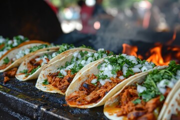 Obraz premium San Miguel Culinary Fiesta: Immerse Yourself in the Festive Atmosphere as Talented Chefs Hand-press Masa Dough, Fill Tacos with Slow-cooked Carnitas, Onions, and Cilantro in San Miguel de Allende.