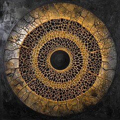 Abstract circular mosaic design with patterns and texture, in gold and black 