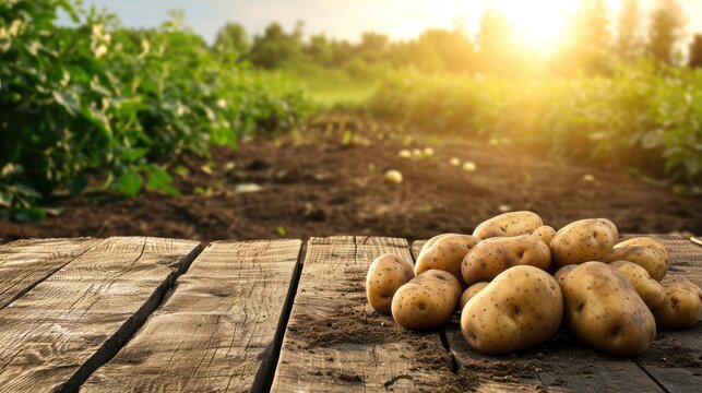 Farm Fresh: Freshly Harvested Potatoes Resting on a Wooden Table, Reflecting the Bounty of the Potato Plantation in the Background.