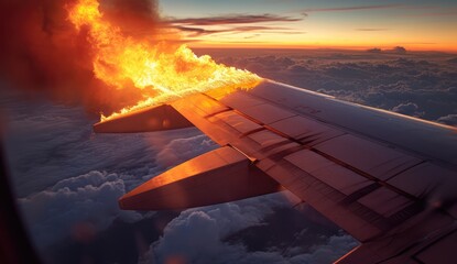 In-Flight Emergency: Airplane Window Showing Wing in Flames - A Catastrophic Incident Creating Fear, Panic, and Necessitating Immediate Maintenance and Inspection for Aviation Safety.

 - obrazy, fototapety, plakaty