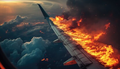 In-Flight Emergency: Airplane Window Showing Wing in Flames - A Catastrophic Incident Creating Fear, Panic, and Necessitating Immediate Maintenance and Inspection for Aviation Safety.

 - obrazy, fototapety, plakaty