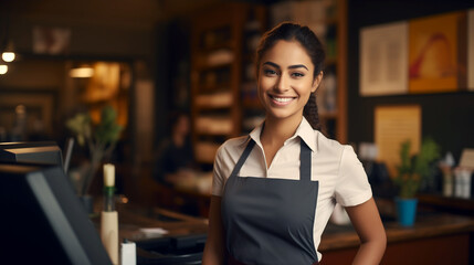 Head shot portrait successful mixed race businesswoman happy restaurant or cafeteria owner looking at camera, woman wearing apron smiling welcoming guests having prosperous catering business concept - obrazy, fototapety, plakaty