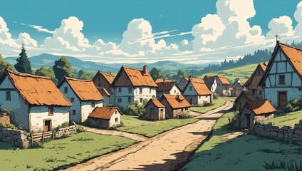 Retro illustration drawing of a village with sky
