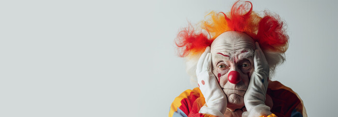 depression and anxiety, a photo of a sad old clown putting his hands on his face, feeling stressed and depressed