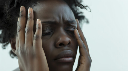 depression and anxiety, a photo of a sad black woman putting her hands on her face, feeling stressed and depressed