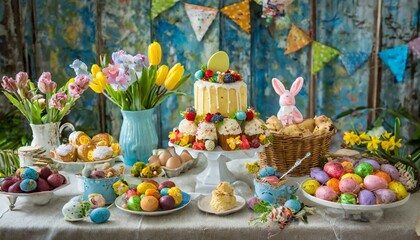 Fototapeta premium Easter decoration with Easter eggs and bunnies