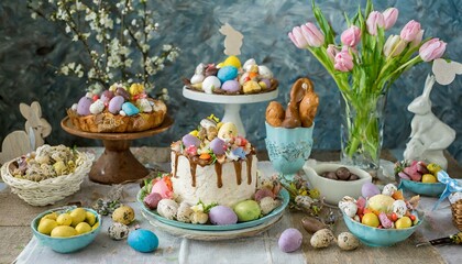 Easter decoration with Easter eggs and bunnies