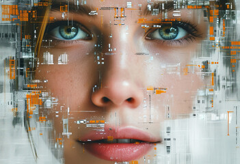 Naklejka na ściany i meble Portrait of a futuristic android woman with advanced technology data overlay