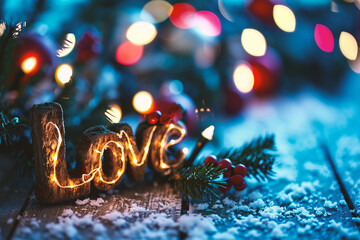 Wooden inscription love on the background of Christmas decorations, bokeh