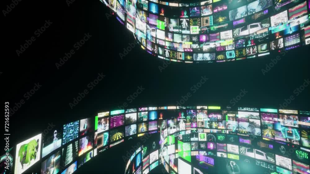 Wall mural 3d render animation with many video animations in videoalbum in black background. for broadcasting o
