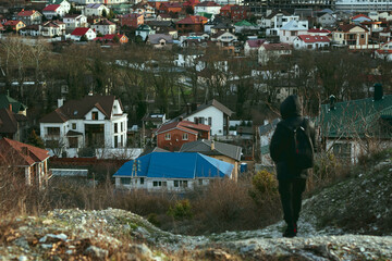 Solo traveler, man traveling alone, mountain hiking and active healthy lifestyle,