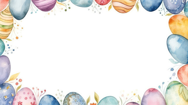 Watercolor style painted Easter eggs on white background, copy space for text. Postcard or banner