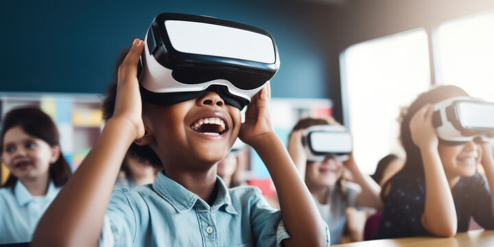 Smiling Young Students Watching VR Lesson Together in a Futuristic Classroom