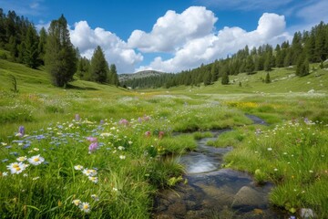 Enchanted alpine glade with glistening streams and wildflower meadows