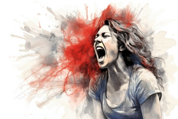 Furious Woman, Shouting in Anger, Portrait with Intense Expression of Rage and Frustration, on White Background - obrazy, fototapety, plakaty