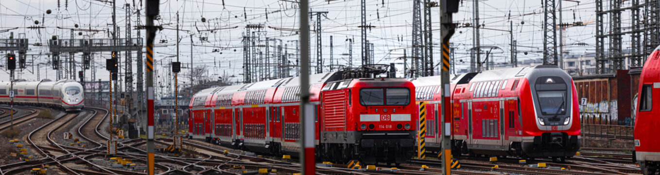 frankfurt, hesse, germany - 06 01 2024: german passenger trains of the deutsche bahn panorama