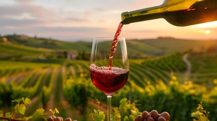 glass of red wine being poured against a backdrop of rolling vineyards, celebrating the beauty of...