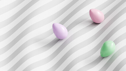 Colorful abstract Easter background with eggs, copy space, 3d render