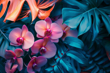 Tropical Orchids and Foliage in Vivid Colors