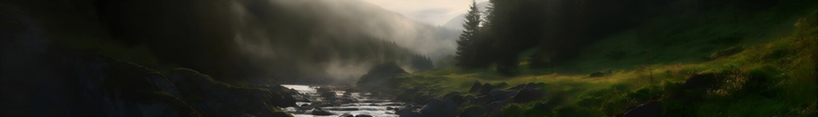 Panorama of the intermountain with a mountain river at dawn with morning fog, bare stone on the bank and slopes covered with a green forest of trees