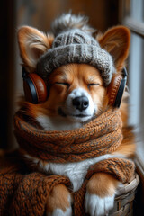 Cute corgi puppy lies wrapped in a knitted blanket and listens to music on headphones