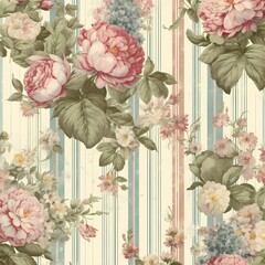 vintage and classic peonies flower drawing illustration with pastel strip pattern