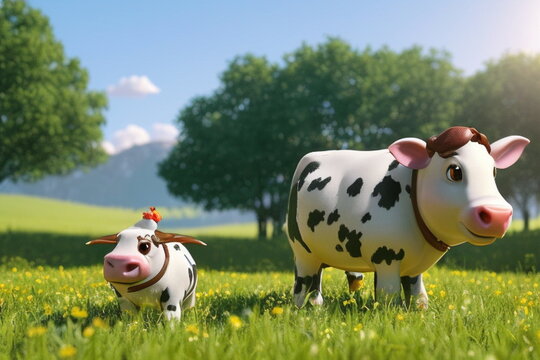 Cute dairy cow character in the field