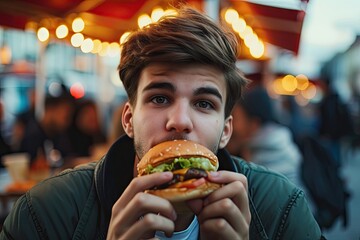 Young teen eat vegan sandwich healthy vegetarian burger.