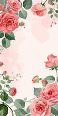 border frame made by watercolor roses and green leaves on pastel canva background
