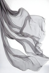 Flying gray silk chiffon fabric on a white background. Weightless silk fabric.