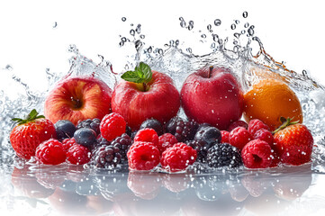 Fresh fruits only red color fall in water. Ripe, juice apples, strawberries, blackberries and raspberries with water splash isolated on white background. Generative AI