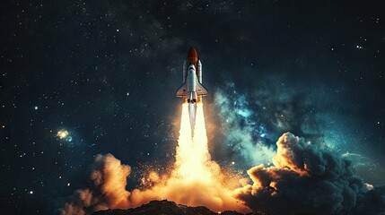 Launch to Space of Spaceship takes off into the night sky. - obrazy, fototapety, plakaty
