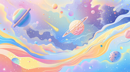 Pastel cute abstract background of galaxy planet and rocket.