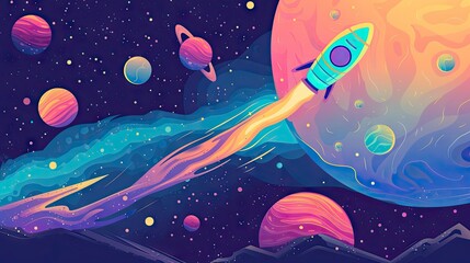 Pastel cute abstract background of galaxy planet and rocket. - obrazy, fototapety, plakaty