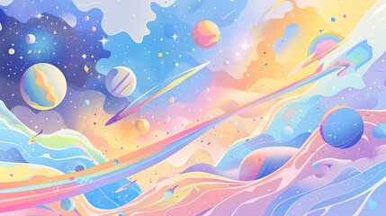 Pastel cute abstract background of galaxy planet and rocket.
