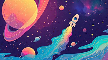 Pastel cute abstract background of galaxy planet and rocket.