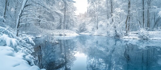 Majestic Frozen Forest Reflects in Tranquil River - A Serene Frozen Forest, River Enveloped in an Otherworldly Frozen Forest and River Wonderland