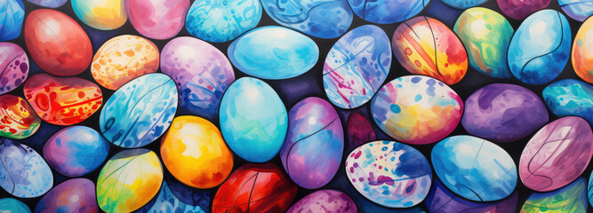 Fototapeta na wymiar Watercolor style painted Easter eggs background in different colors and patterns, vibrant filled space, wide banner