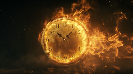 a Clock on fire, wasting time, The time's burning, deadline, a burning clock image