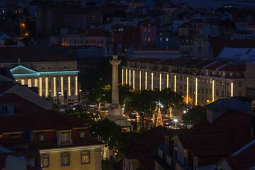 Aerial view of Praca Dom Pedro IV during night time, Lisbon, Portugal