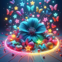 A glitter flower, some butterflies some multicolored colorful lights and add red blue turquoise purple light yellow.
