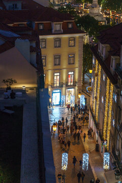View over the city centre of portuguese capital and Parca Dom Pedro IV during night time, Lisbon, Portugal