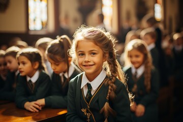 Tranquil school day with 10 year old girl with down syndrome in warm, sunlit classroom - obrazy, fototapety, plakaty