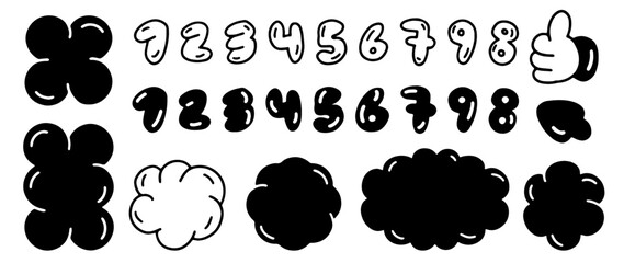 Inflated balloon numbers, cloud scallop edge shapes, retro wave design elements with frill border. Vector fluffy, organic shape in trendy retro Y2K style. Black and white color.