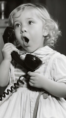 Black and white photograph vintage image of a little blonde girl with curly hair talking surprised on an old rotary phone.