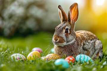 Fototapeta na wymiar Brown Rabbit With Alert Ears Lies On Grass Next To A Scatter Of Colorful Easter Eggs