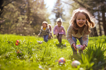 Children Running Joyfully In A Meadow During A Sunny Easter Egg Hunt.