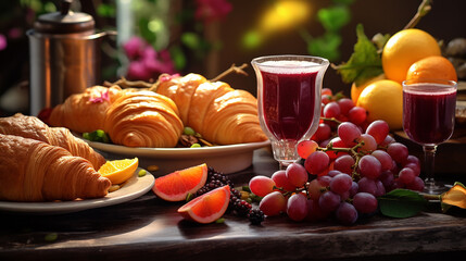 Breakfast served with coffee juice croissants and fruits - obrazy, fototapety, plakaty