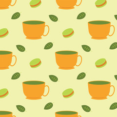 Seamless pattern with matcha cup, leaf and macaron. Vector illustration for wallpaper, wrapping, packing, textile.