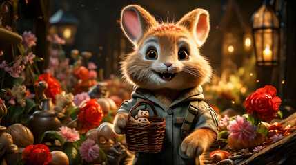 Cheerful Rabbit With Basket Of Cookies Surrounded By Flowers And Lanterns In Fantasy Setting.A - obrazy, fototapety, plakaty